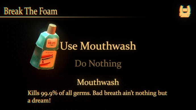 A menu screen showing a bottle of mouthwash, with the option to use it.