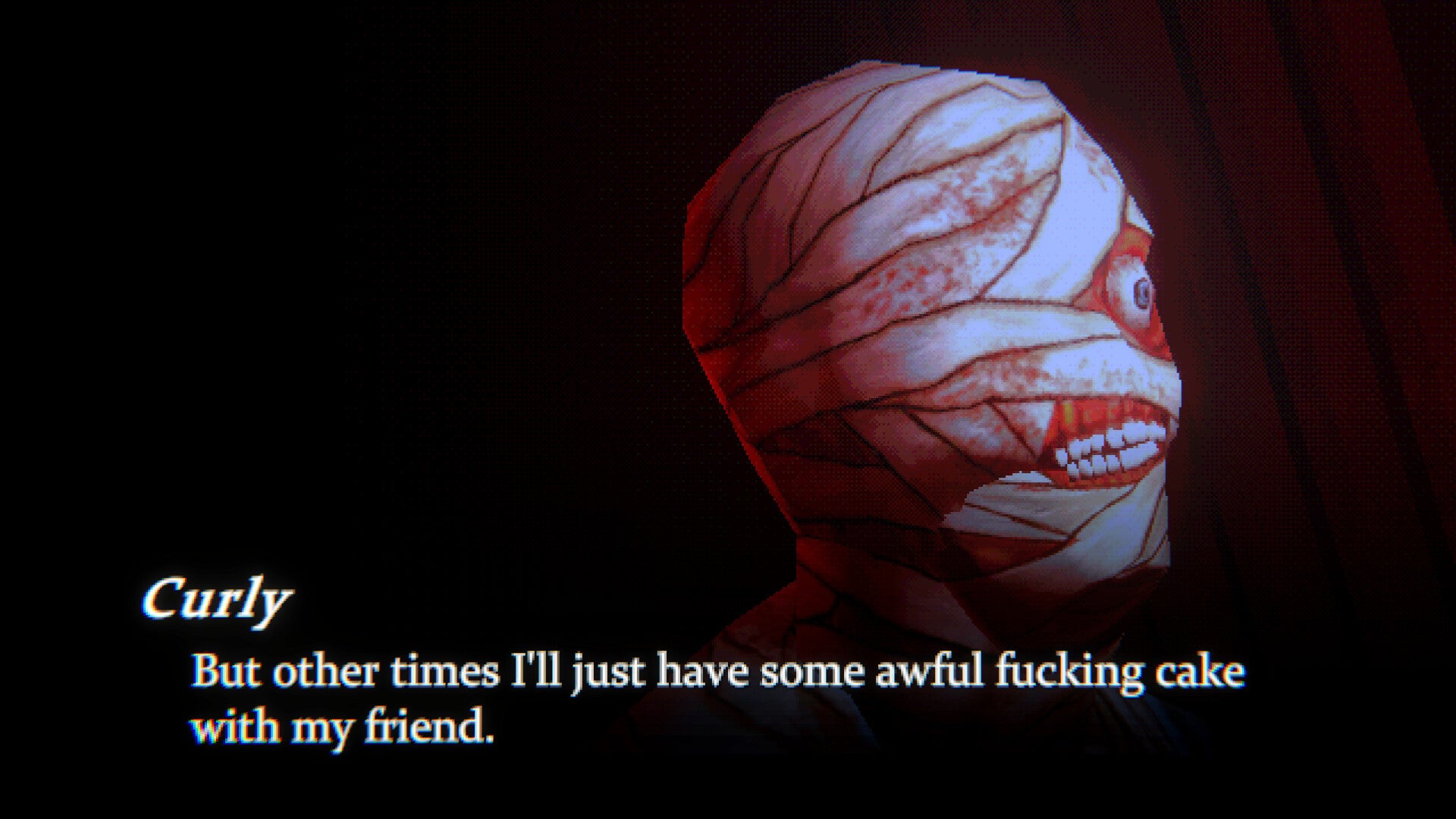 A bandaged head emerges from the darkness with one eye and their mouth visible in Mouthwashing - 26