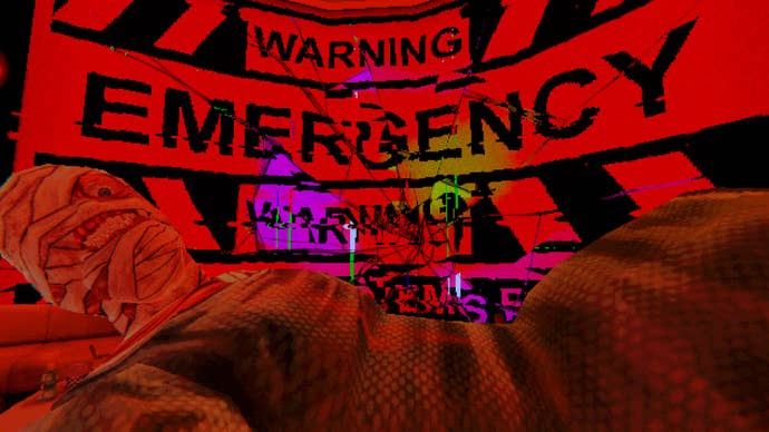 A first-person perspective of someone holding another person who is wrapped up with bandages, a single eye bulging out from one socket, a giant broken screen in the background saying “warning emergency” on it in Mouthwashing.
