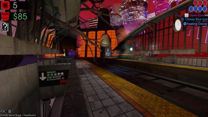 A colourful train station with tree branches, broken glass and large animal head statues at either end in Moves of the Diamond Hand. A large cityscape at night rises up in the background, against a red orange sky.