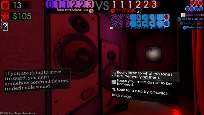 The player stands in front of some speakers as they prepare to make a decision about how they’re going to deal with the raw, undefinable sound in Moves of the Diamond Hand.