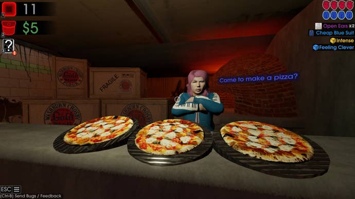 A woman in a blue jacket covered in piano keys asks the player if they’ve come to make a pizza in their pizza oven in Moves of the Diamond Hand.