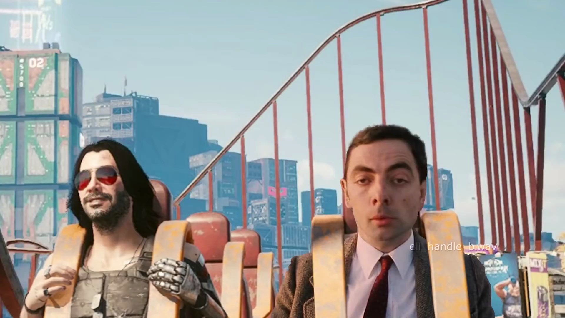 Mr Bean riding Cyberpunk 2077&rsquo;s rollercoaster with Johny Silverhand in a video edit by &lsquo;eli_handle_b․wav&rsquo;.