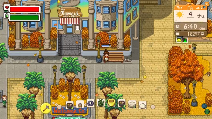 A woman sits on a bench in a pixel city in a life sim being developed by a former Stardew Valley contributor, Mr. Podunkian.