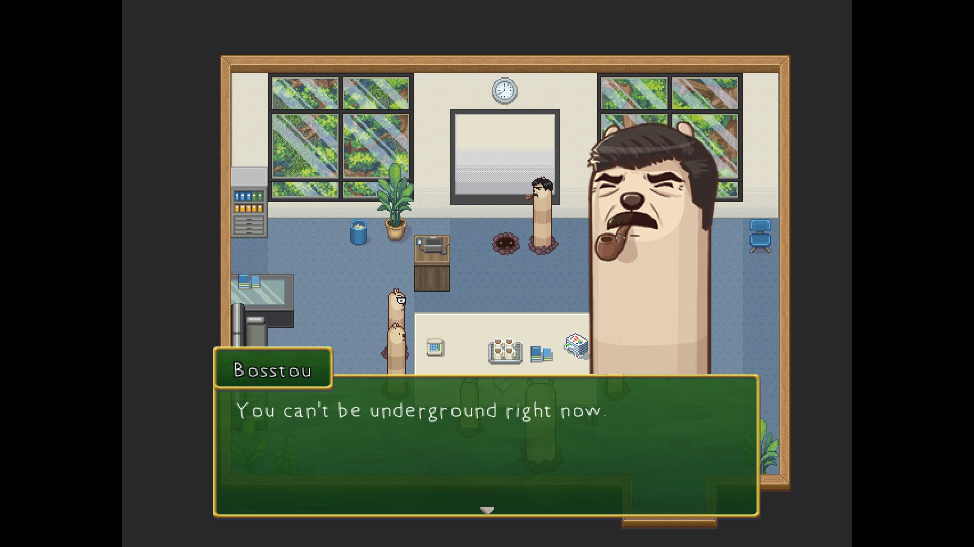 A long bear with a man&rsquo;s hair and moustache and facial features in an office in Mr. Saitou.