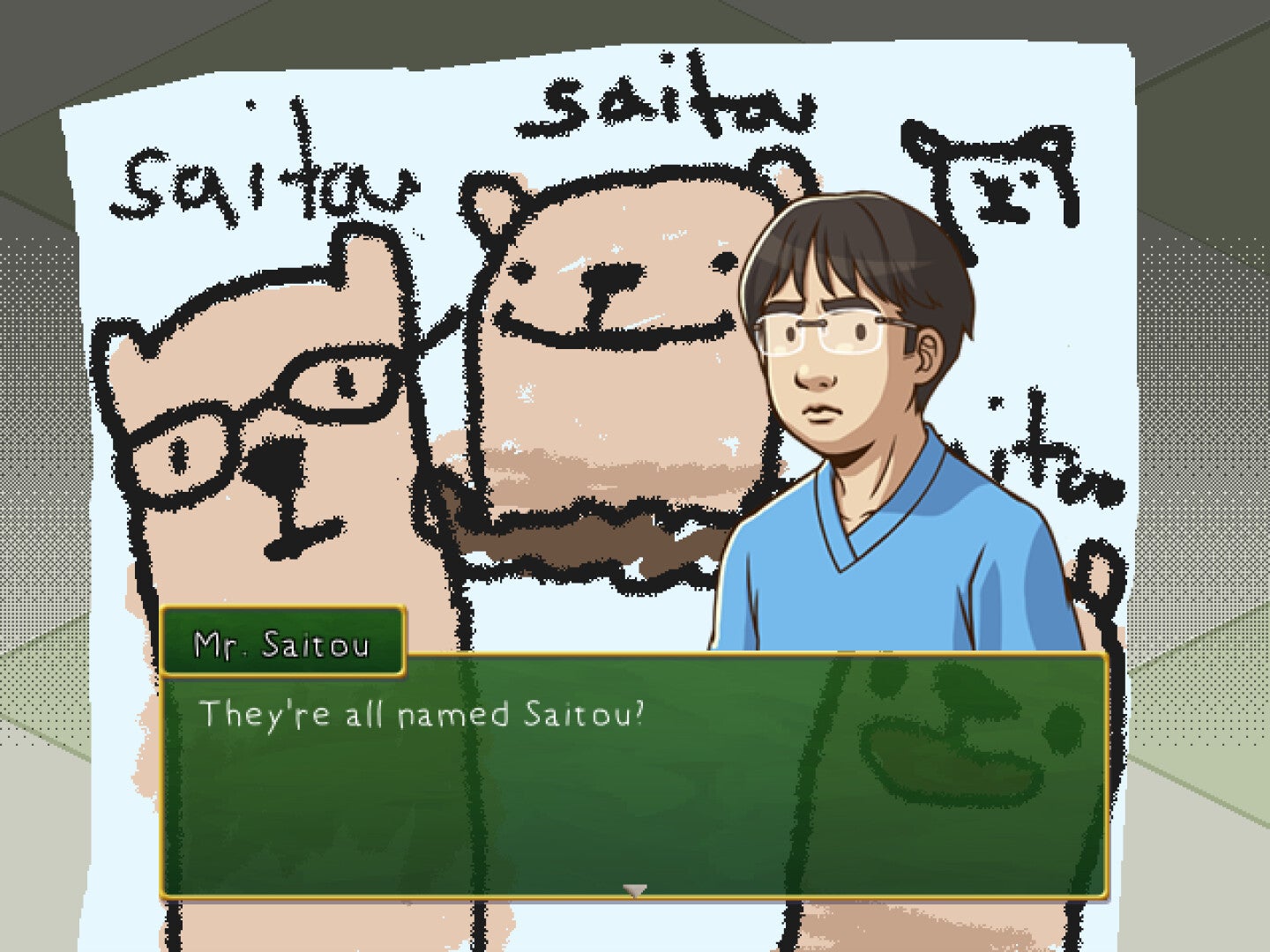 A man named Mr Saitou looks at a drawing of llama worms all called Saitou in the game Mr Saitou - 23