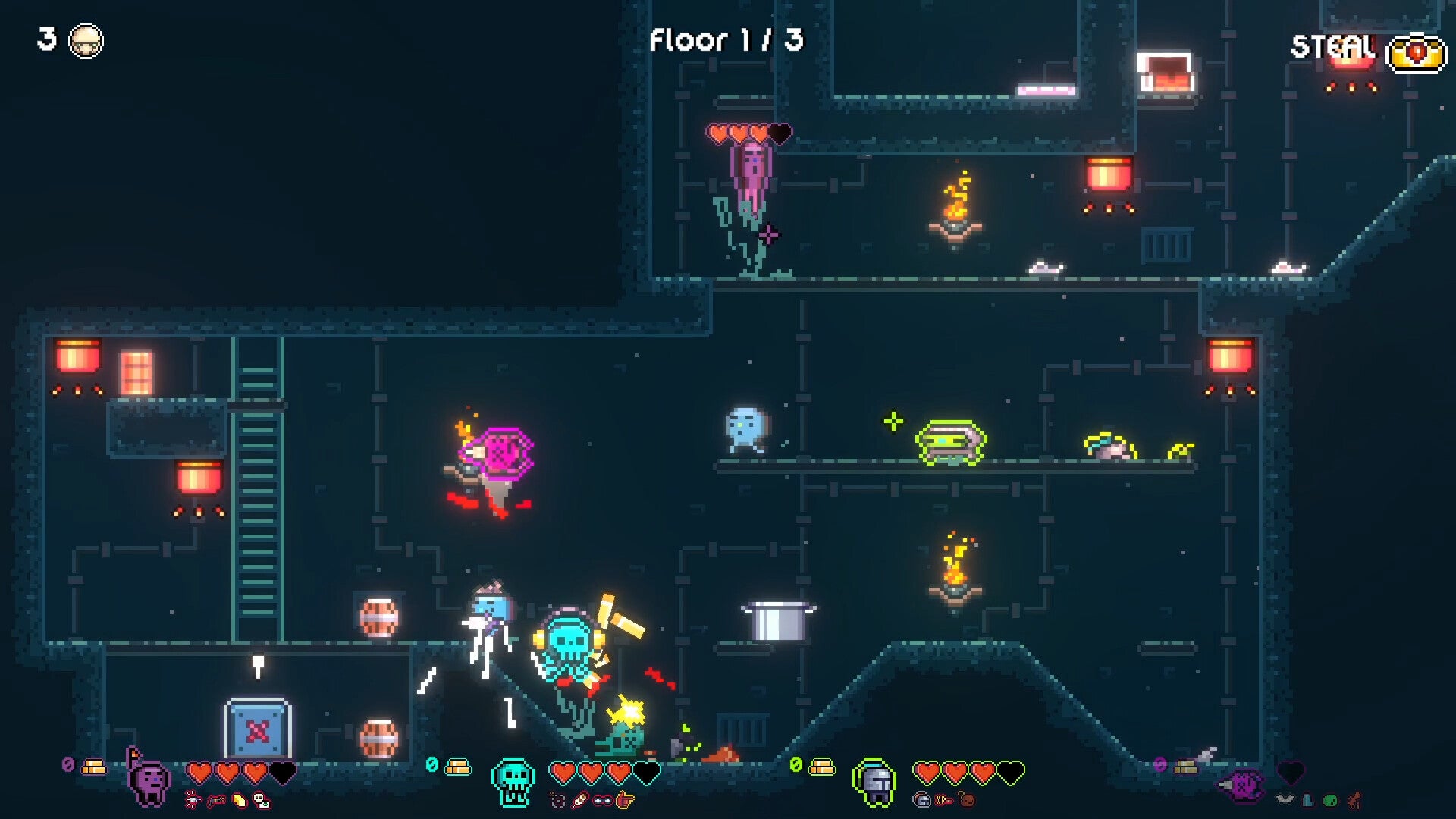 Several blob characters have a fight in an underground warehouse in Mr Sun's Hatbox - 21