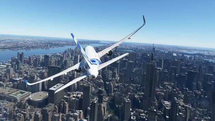 A plane soars above New York in Microsoft Flight Simulator 2020