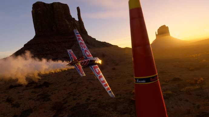 A Microsoft Flight Simulator 2024 screenshot showing two planes flying low over Monument Valley as the sun sets in the distance.