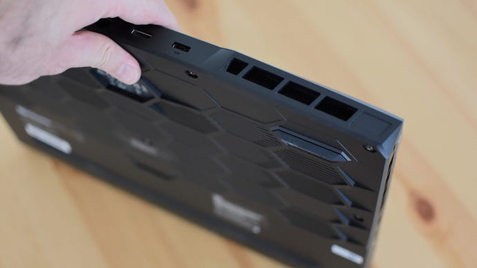 A photo of the MSI GE76 Raider gaming laptop's underside.