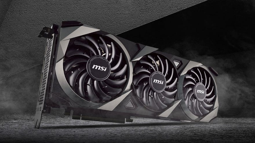 an msi ventus 3080 ti card, pictured in front of some tough rocks