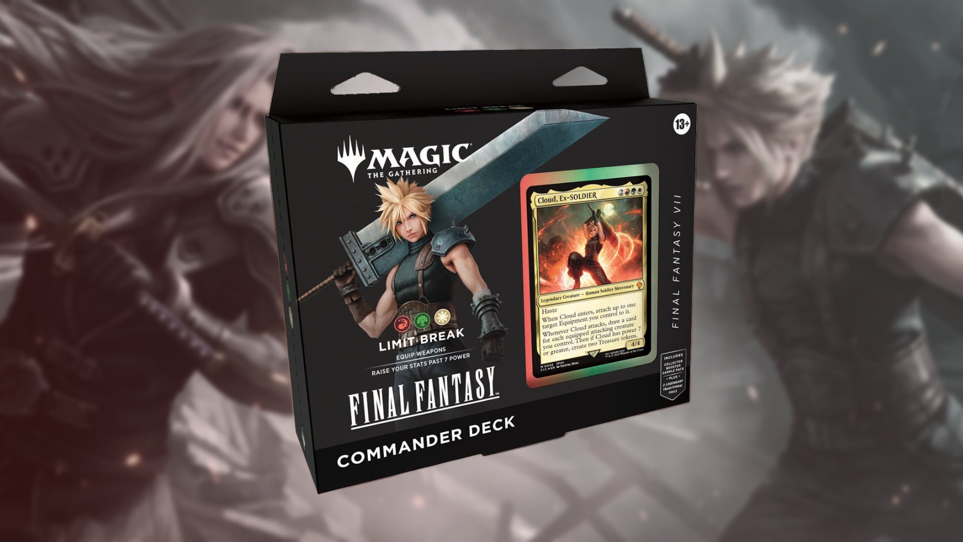 A Magic the Gathering Commander box set over the top of a slightly blurred, greyed out image of Cloud and Sephiroth fighting. - 1