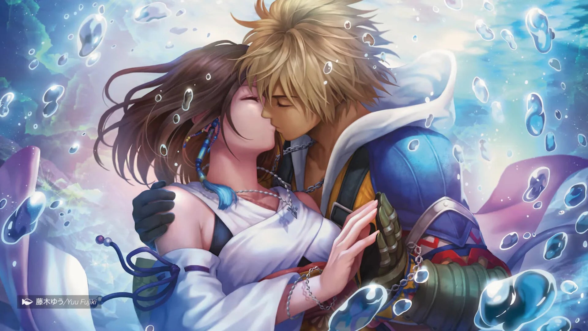 Tidus and Yuna from Final Fantasy 10 in an embrace, with water around them, in a style unique to Magic the Gathering. - 3