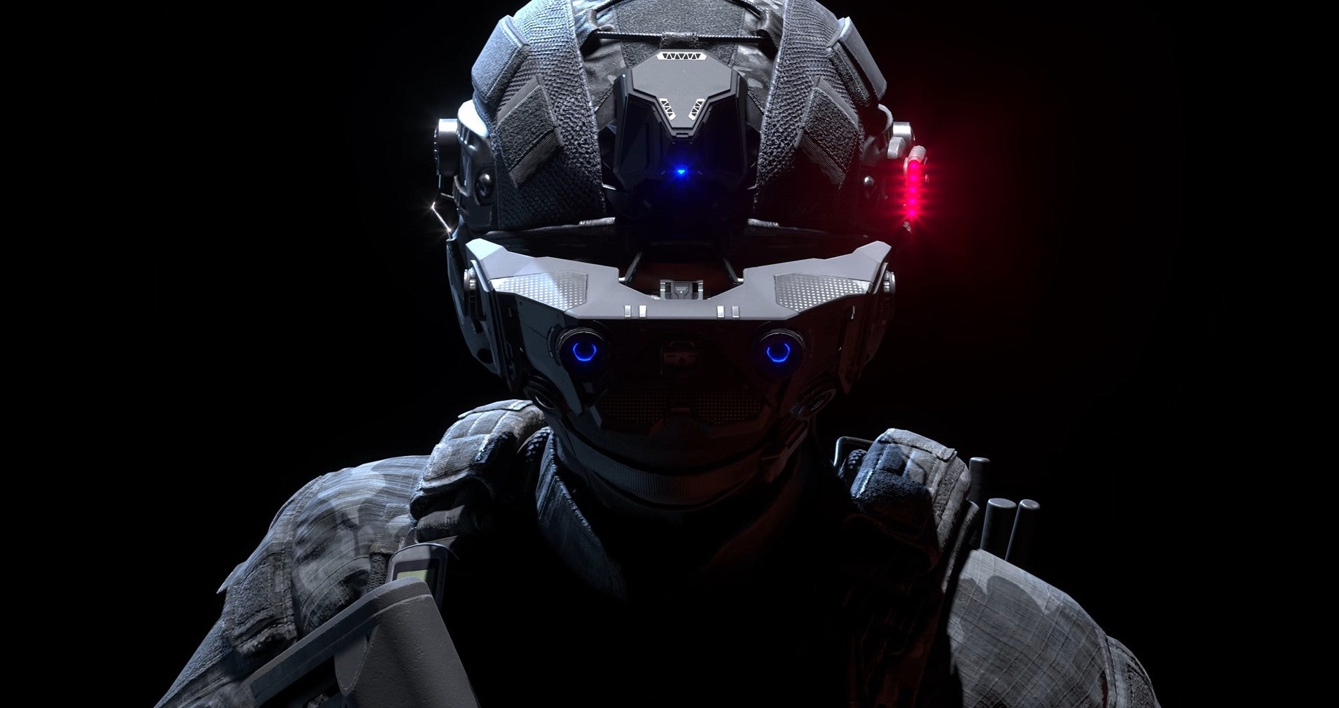 A man with a helmet and mask covered in LED lights emerges from the shadows in Mudang: Two Hearts. - 1