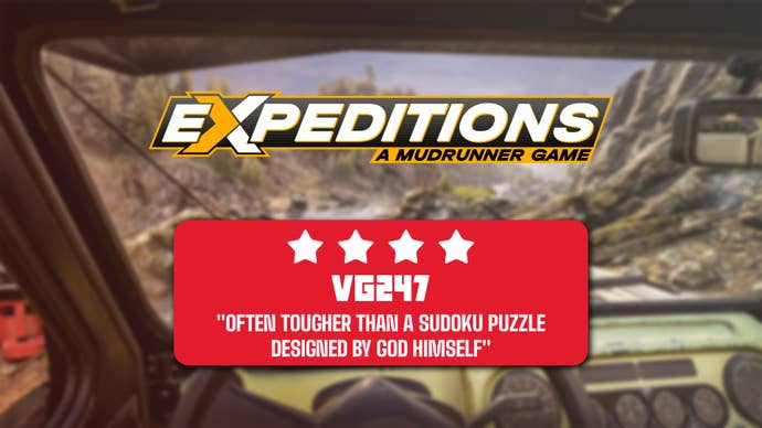 Mudrunner Expeditions review header that reads: ““OFTEN TOUGHER THAN A SUDOKU PUZZLE DESIGNED BY GOD HIMSELF” – 4 Stars