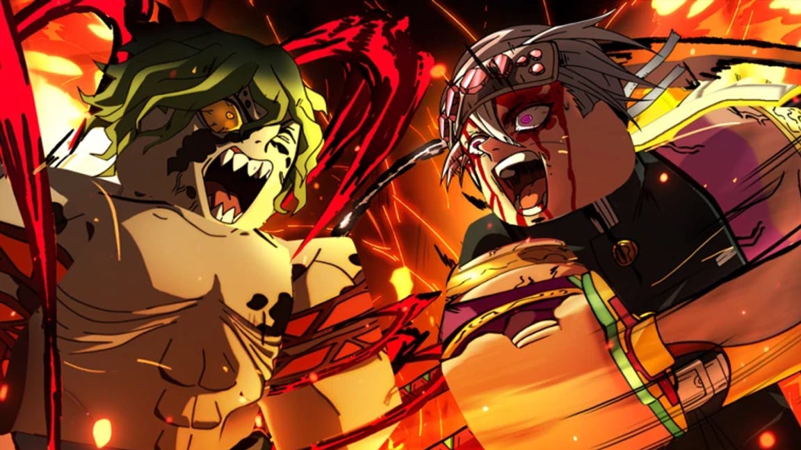 Artwork for the Roblox game Mugen showing two Demon Slayer-inspired characters facing off and ready to battle.