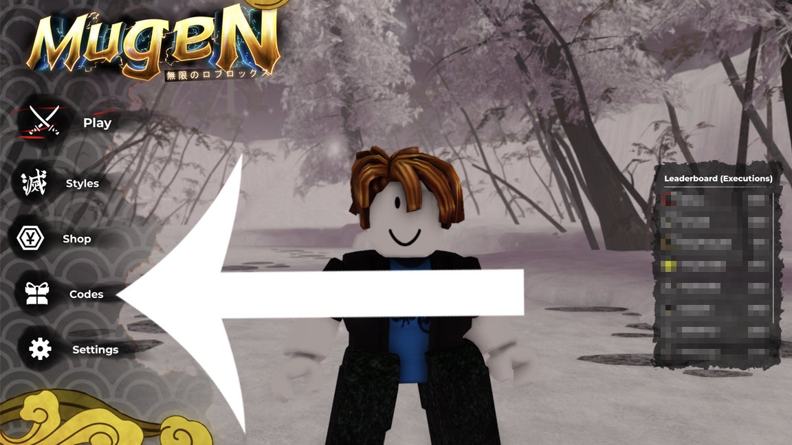 An arrow pointing at the codes option on the main menu of the Roblox game Mugen.