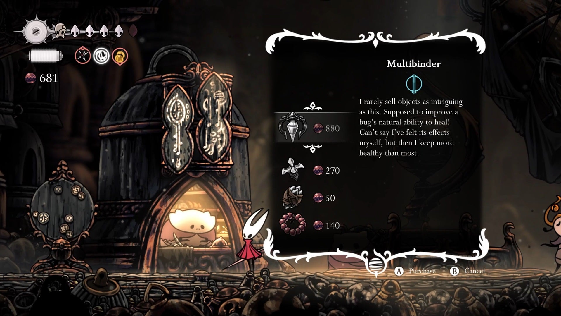 Hornet about to buy the Multibinder Toll from a merchant in Hollow Knight Silksong. - 10