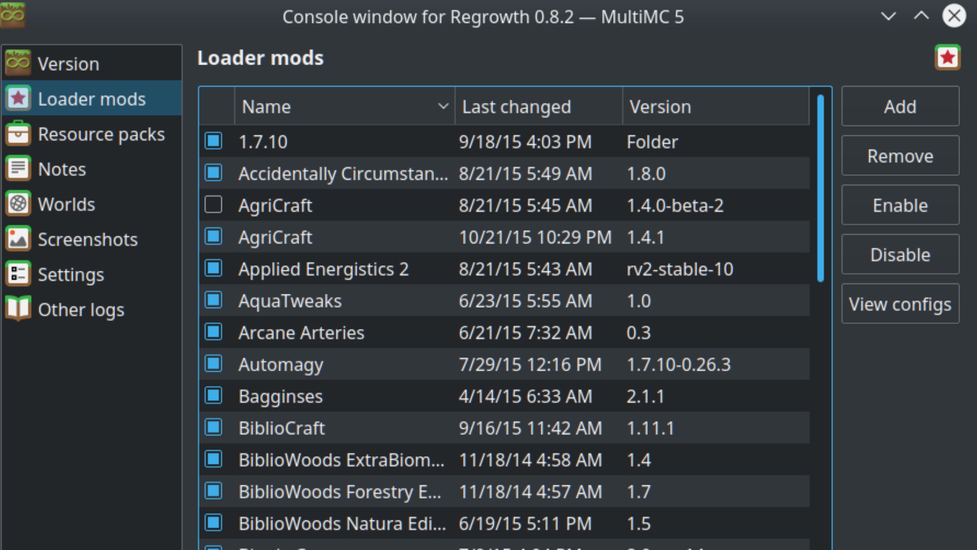 A screenshot of the MultiMC launcher for Minecraft, showing a list of installed mods. - 5