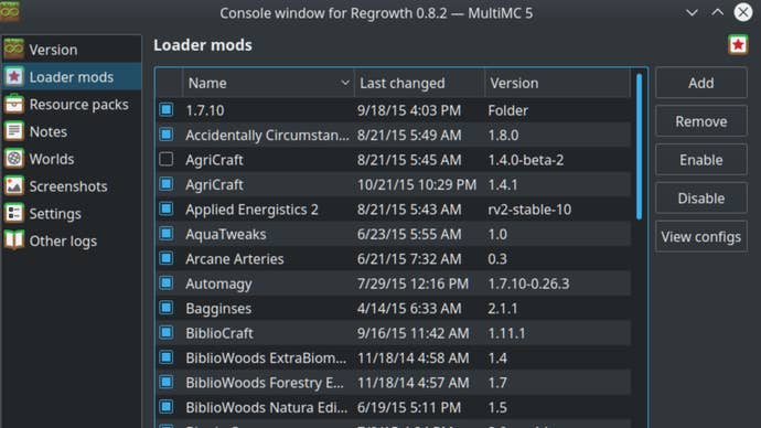 A screenshot of the MultiMC launcher for Minecraft, showing a list of installed mods.