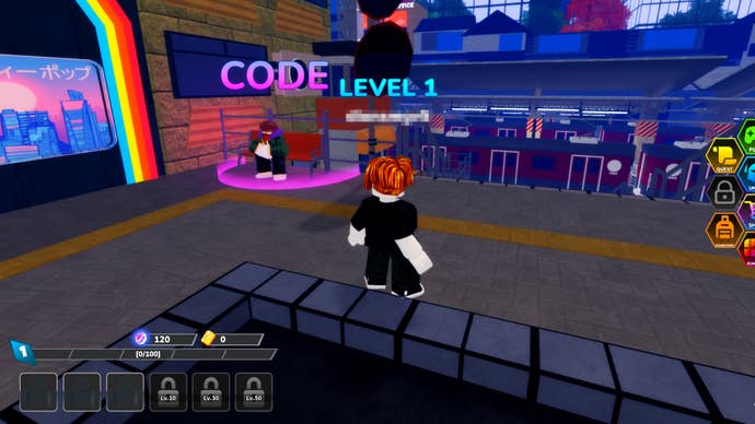 A Roblox character in Multiverse Defenders next to an area of the map players need to enter to bring up the Codes menu.