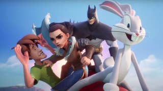 Promotional art for MultiVersus showing Batman, Bugs Bunny, Shaggy, and Arya Stark mid-brawl.