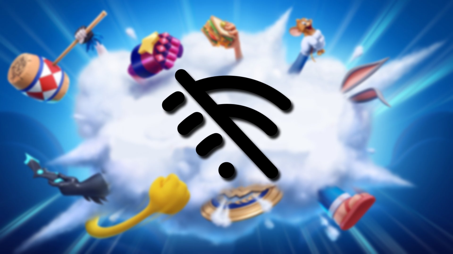 The hands of various MultiVersus characters all fighting in a cloud, slightly blurred, a Wi-Fi symbol with a line through it superimposed over the top. - 1
