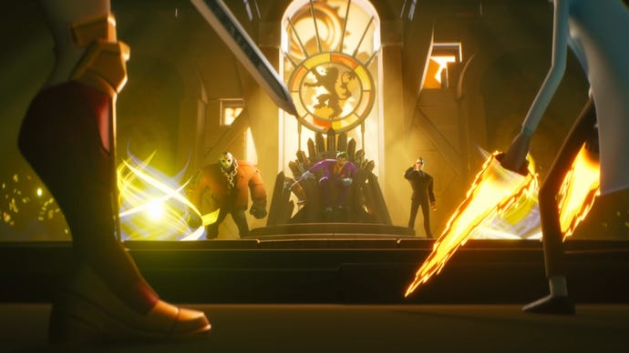 A still from the MultiVersus launch trailer, The Joker is sat in Game of Thrones' Iron Throne, Jason Voorhees to his right, The Matrix's Agent Smith to his left, Wonder Woman and Rick Sanchez in the foreground.