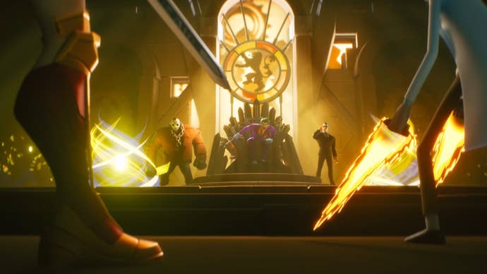 A still from the MultiVersus launch trailer, The Joker is sat in Game of Thrones’ Iron Throne, Jason Voorhees to his right, The Matrix’s Agent Smith to his left, Wonder Woman and Rick Sanchez in the foreground.