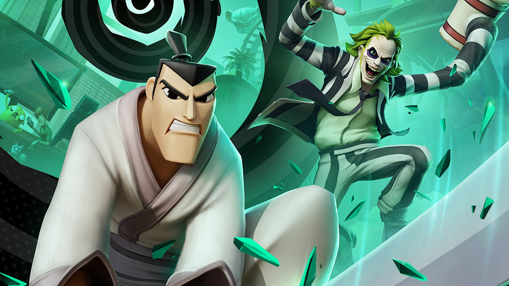 Samurai Jack and Beetlejuice posed ready to fight in key art for MultiVersus. - 1