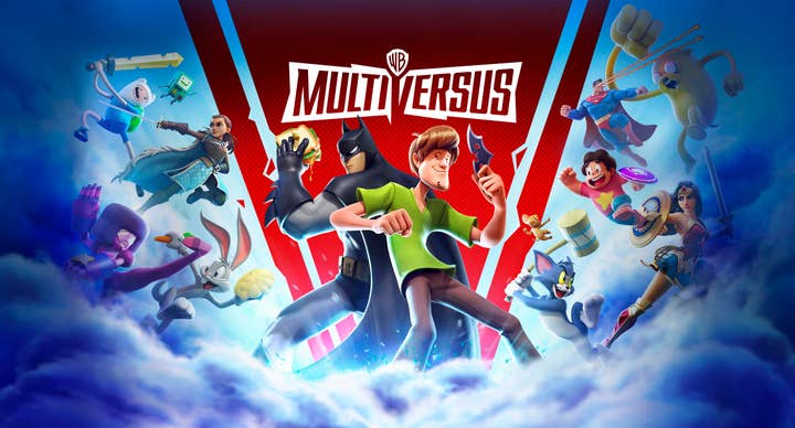 Multiversus promo art showing Batman and Shaggy back-to-back, with various other WB characters around them