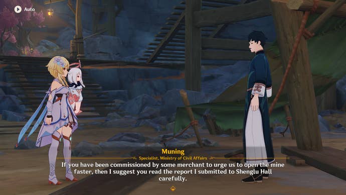 Lumine and Paimon speak to Muning, a new NPC, in Genshin Impact’s newest area The Chasm.
