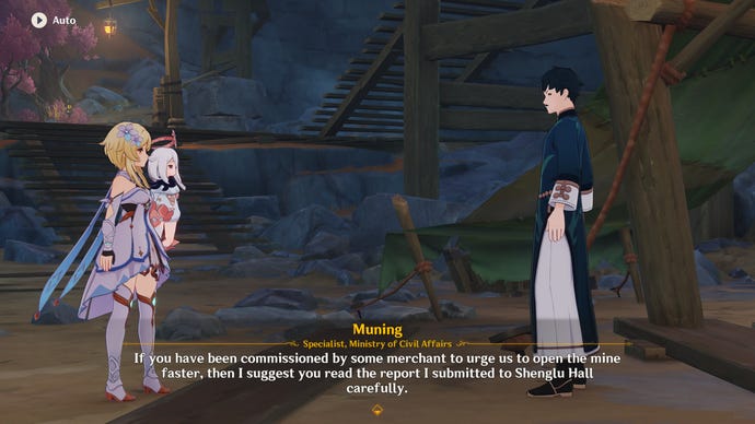 Lumine and Paimon speak to Muning, a new NPC, in Genshin Impact’s newest area The Chasm.