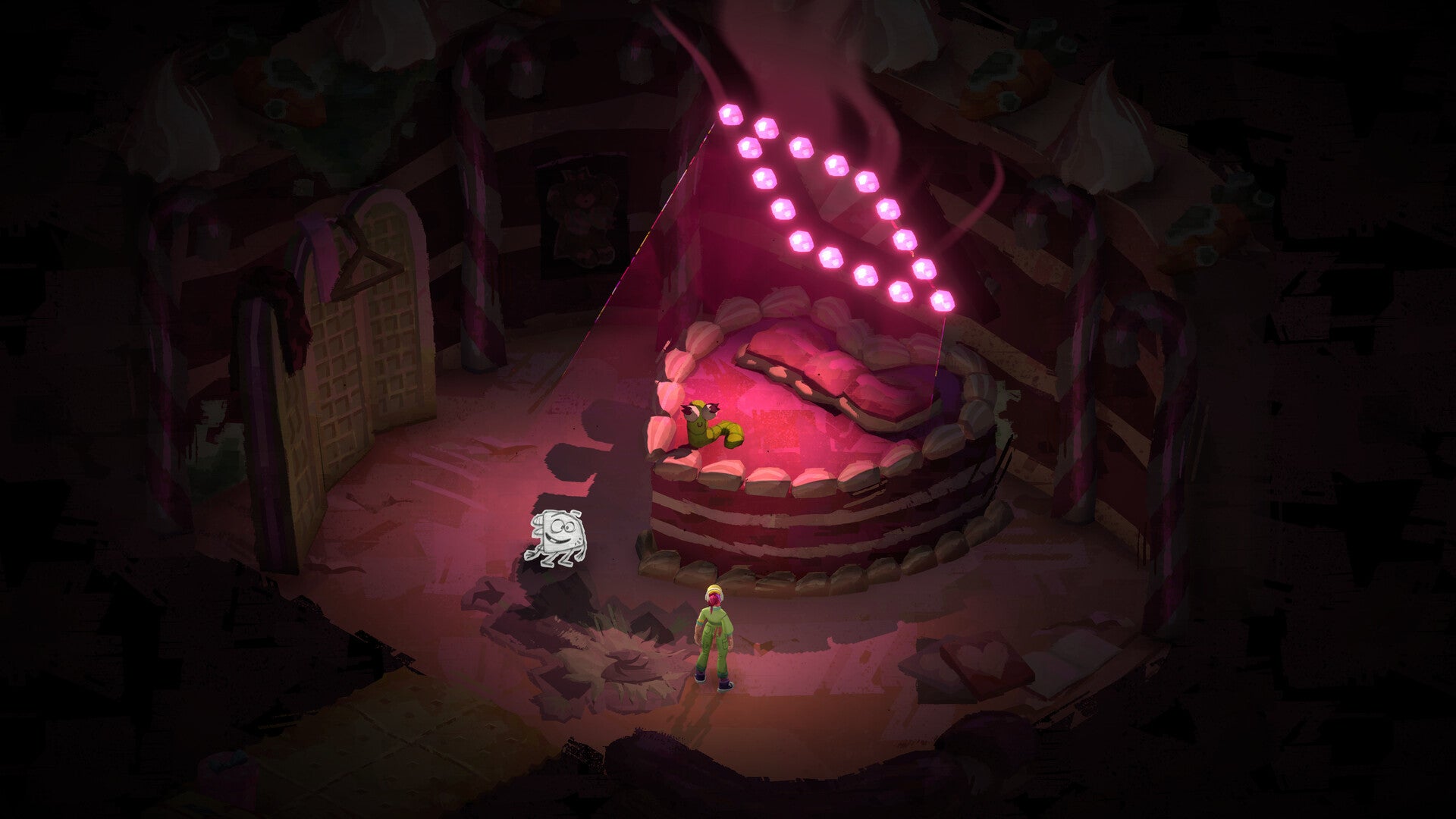 A greenclad character standing next to a big red heart-shaped bed or cake with pink lights over it, from Murals.