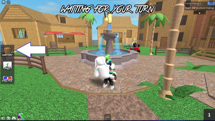 A screenshot from Murder Mystery 2 in Roblox showing the game’s inventory button.