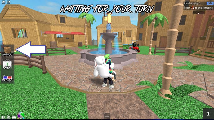 A screenshot from Murder Mystery 2 in Roblox showing the game's inventory button.