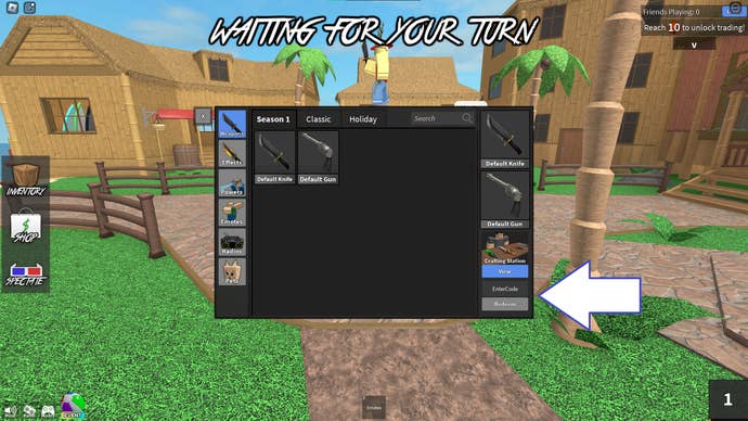 A screenshot from Murder Mystery 2 in Roblox showing the game’s codes field.