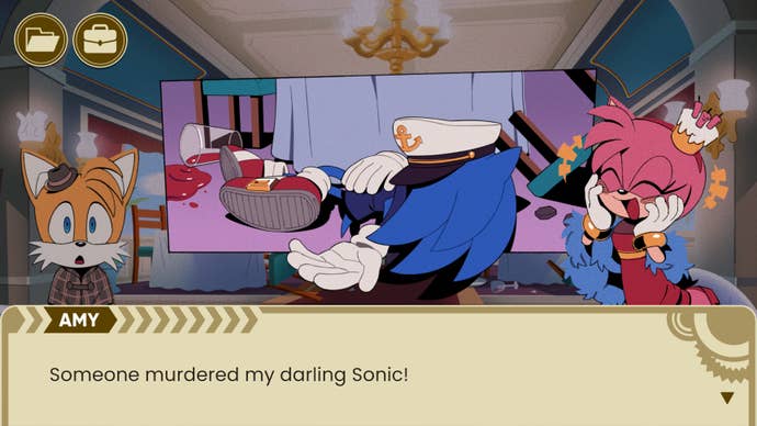 Sonic the Hedgehog lies dead in the memetic "Family Guy collapsed" position, while Tails looks shocked and Amy is delighted. Text reads "AMY: Someone murdered my darling Sonic!"