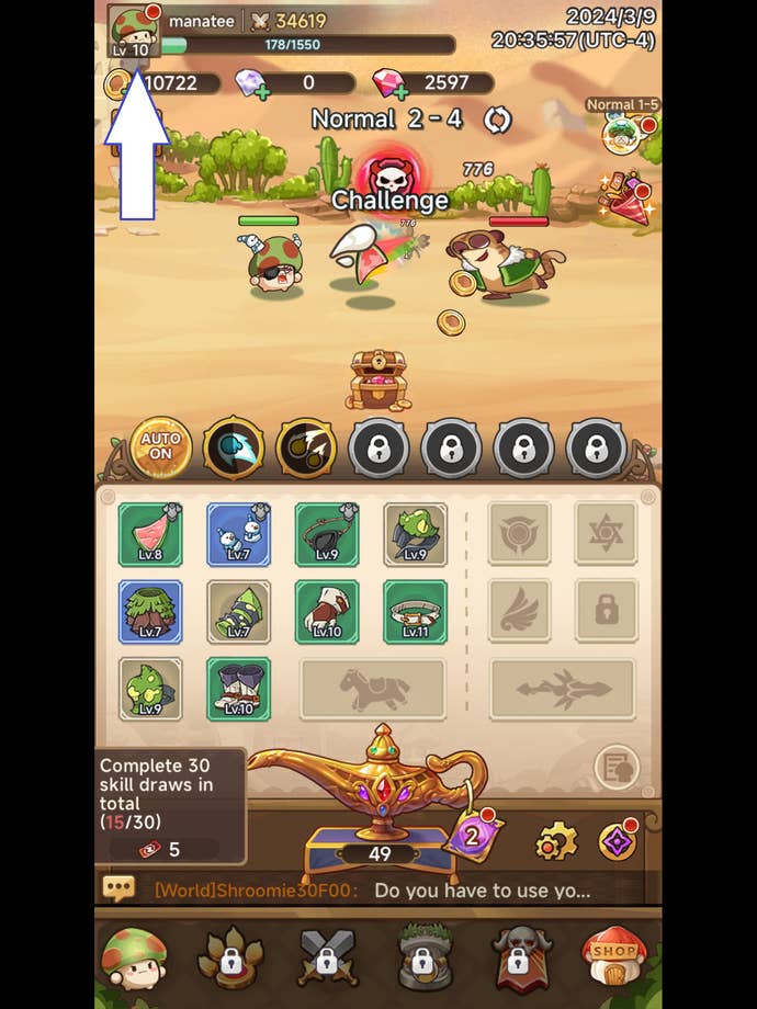A screenshot from Legend of Mushroom showing the game's avatar button during gameplay.
