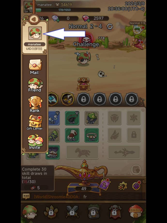 A screenshot from Legend of Mushroom showing the game's avatar button.