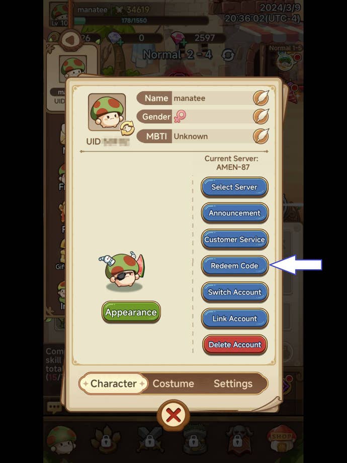A screenshot from Legend of Mushroom showing the game's redeem codes button.