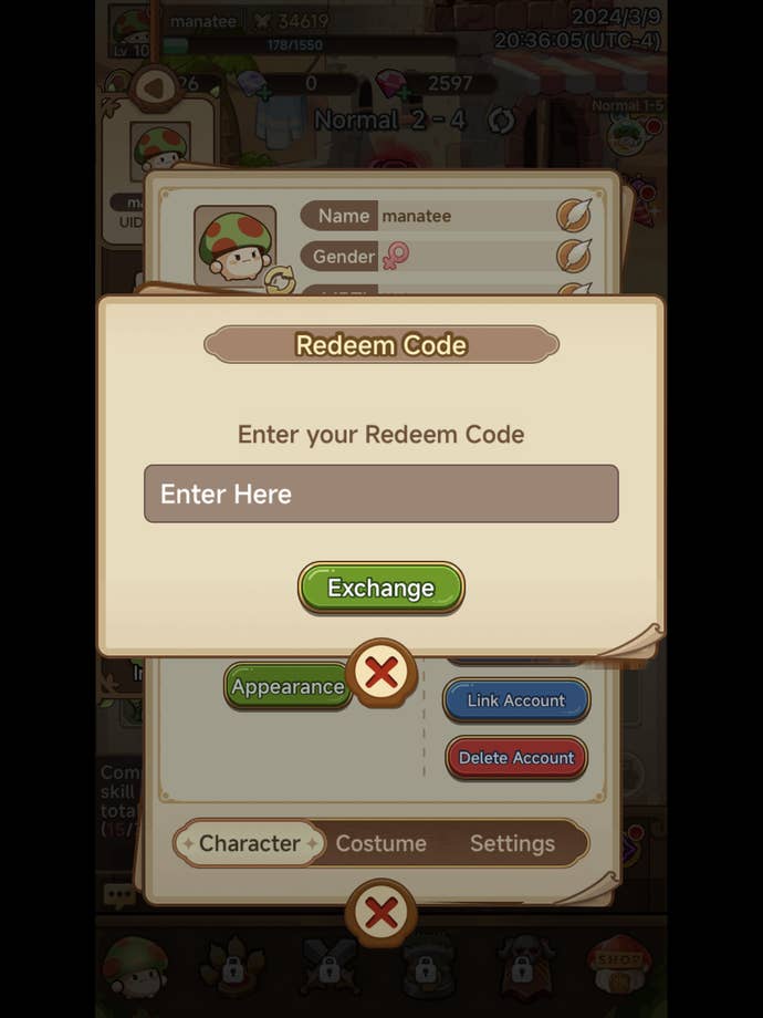 A screenshot from Legend of Mushroom showing the game's redeem codes menu.
