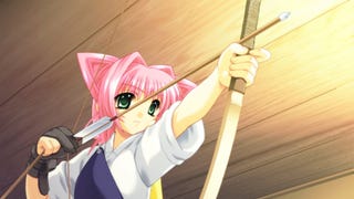 A girl with pink hair and cat ears aiming a drawn bow in Muv-Luv