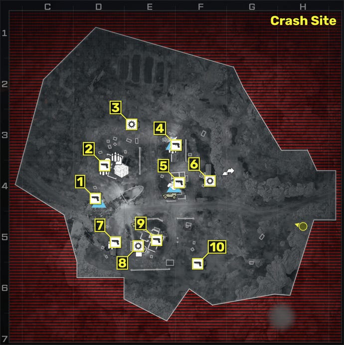 A map of the Crash Site mission in the Modern Warfare 3 campaign, with the locations of all item locations and weapons numbered and marked in yellow.