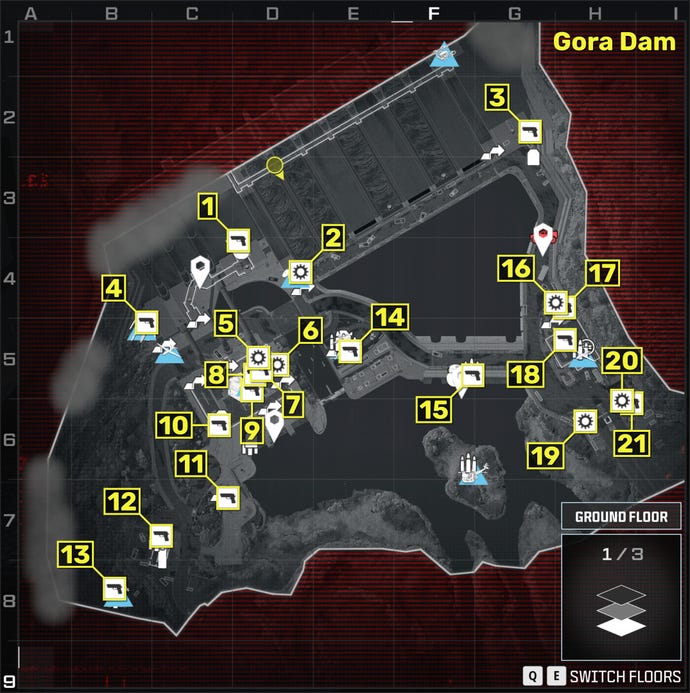 A map of the Gora Dam mission in the Modern Warfare 3 campaign, with the locations of all item locations and weapons numbered and marked in yellow.