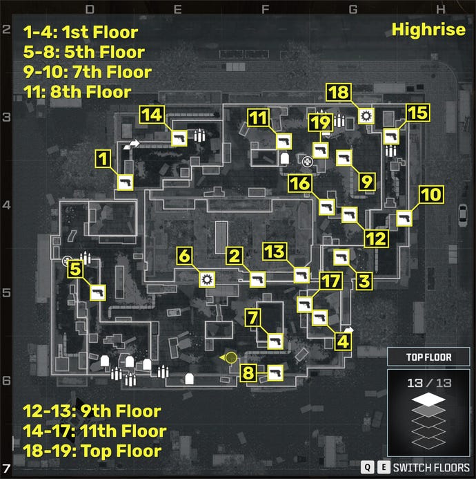 A map of the Highrise mission in the Modern Warfare 3 campaign, with the locations of all item locations and weapons numbered and marked in yellow.