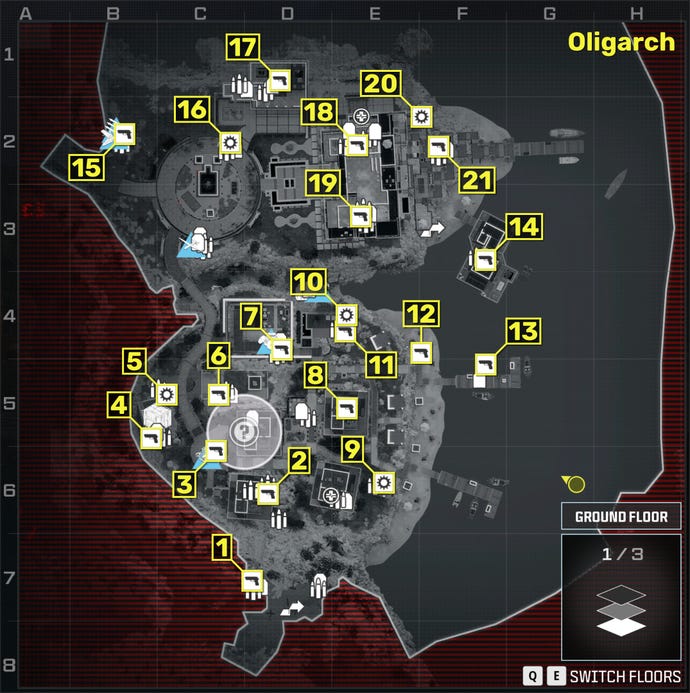 A map of the Oligarch mission in the Modern Warfare 3 campaign, with the locations of all item locations and weapons numbered and marked in yellow.