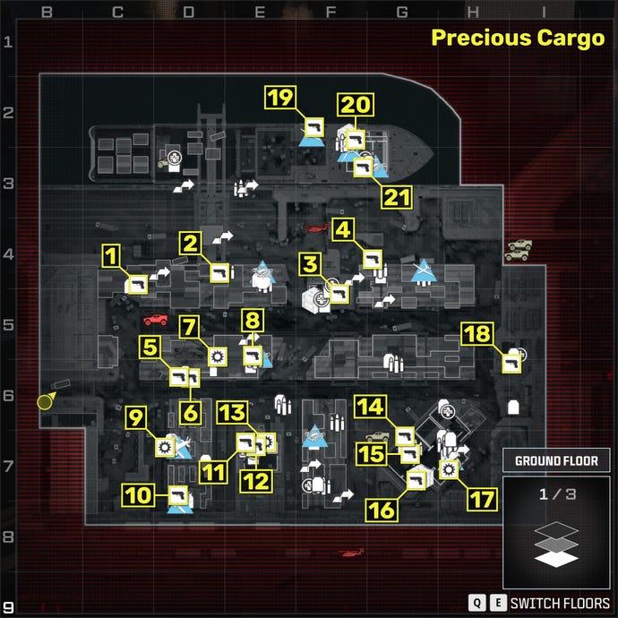 A map of the Precious Cargo mission in the Modern Warfare 3 campaign, with the locations of all item locations and weapons numbered and marked in yellow.