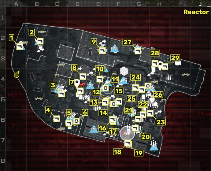 A map of the Reactor mission in the Modern Warfare 3 campaign, with the locations of all item locations and weapons numbered and marked in yellow.