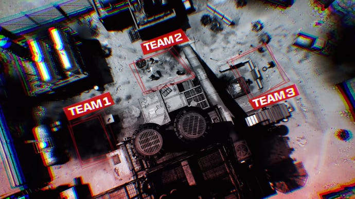 A top-down view of the Dust map in Modern Warfare 3, with the spawn points for three teams highlighted in the Cutthroat game mode.